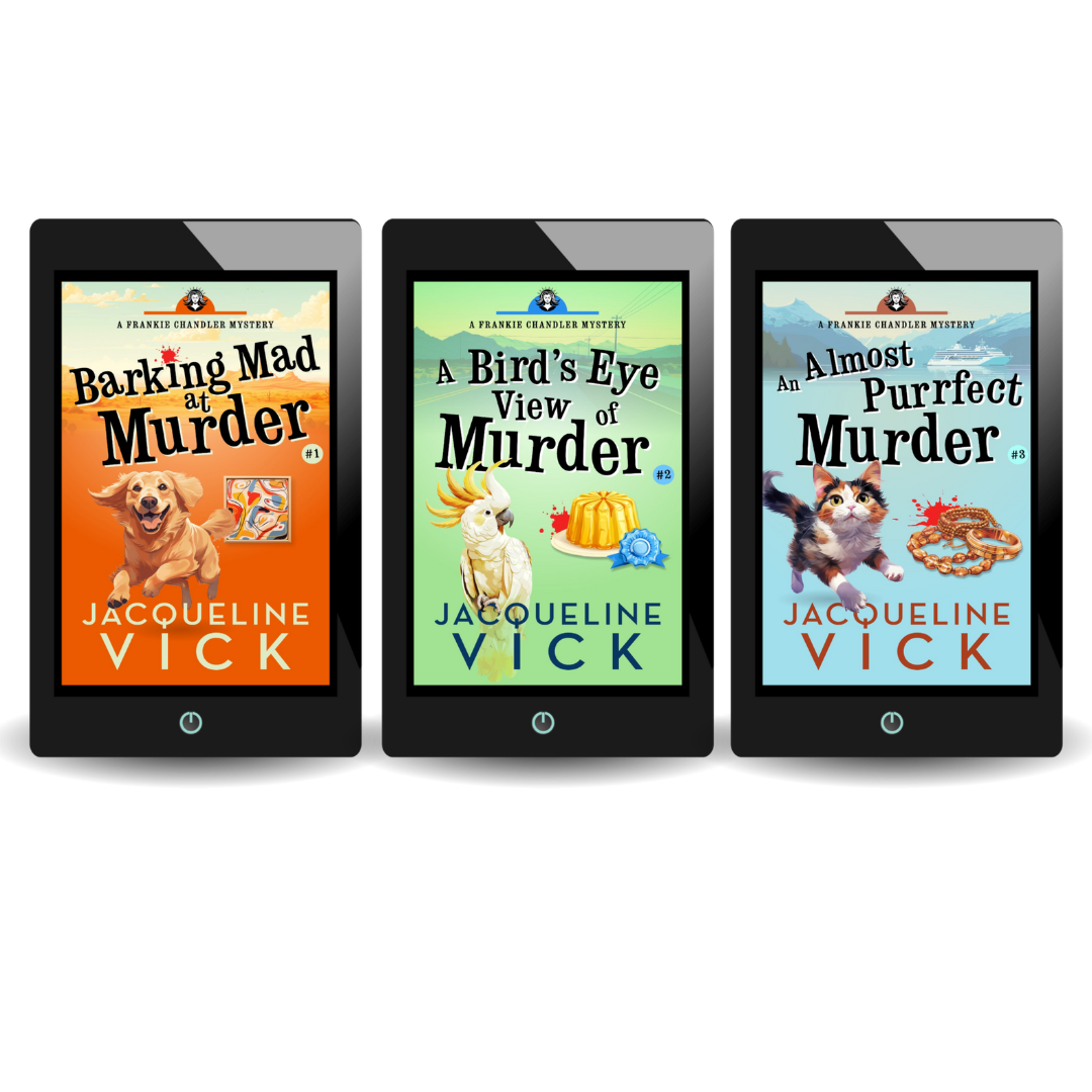 Three ebook covers: Barking Mad at Murder, A Bird's Eye View of Murder, An Almost Purrfect Murder. Each cover features an animal: a dog, a cockatoo, and a calico cat.